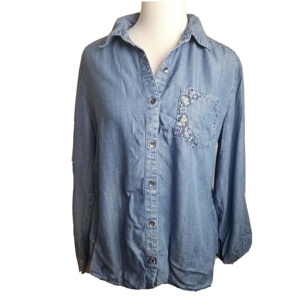 Style & Co Women Top Chambray Denim Western Button Down Medium Bandana Lyocell